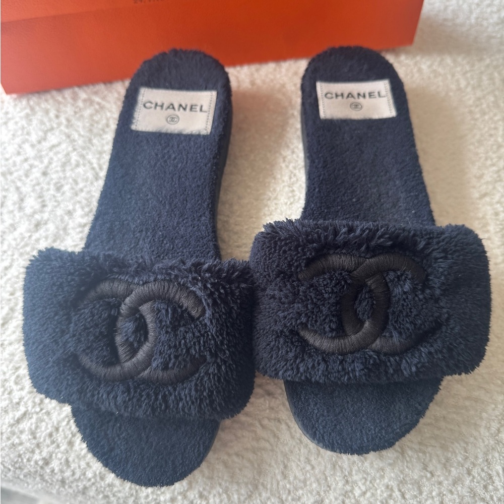 Chanel Black Fuzzy Slippers - Picture 3 of 9
